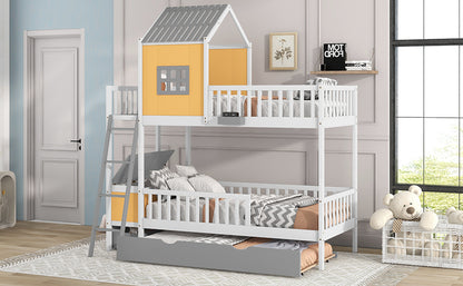 Twin over Twin Bunk Bed with Twin Size Trundle , Farmhouse Bed with Storage Box and Drawer - Yellow