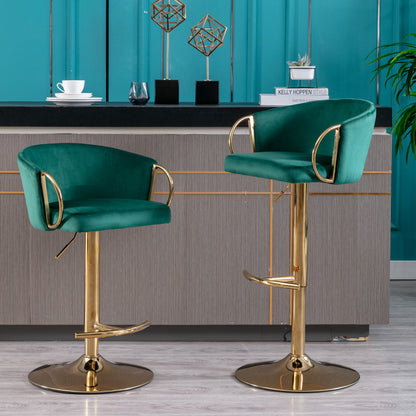 Set of 2  Bar Stools,with Chrome Footrest and Base Swivel Height Adjustable Mechanical Lifting Velvet + Golden Leg Simple Bar Stool-Green