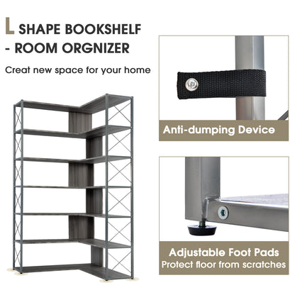 Silver+Grey 7-Tier Bookcase Home Office Bookshelf,  L-Shaped Corner Bookcase with Metal Frame, Industrial Style Shelf with Open Storage, MDF Board