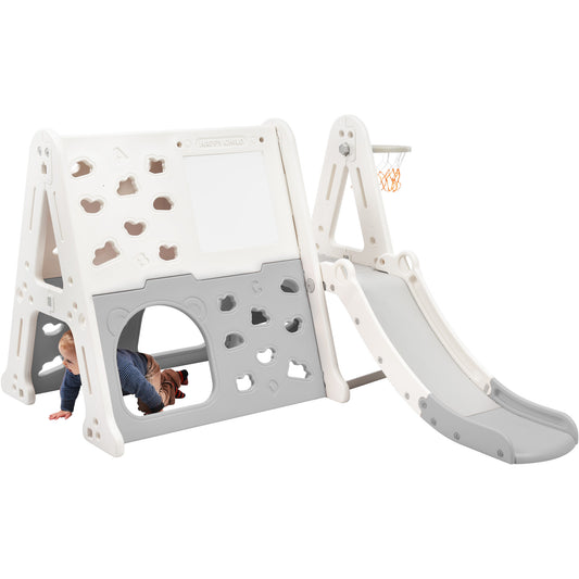 7-in-1 Toddler Climber and Slide Set Kids Playground Climber Slide Playset with Tunnel, Climber, Whiteboard,Toy Building Block Baseplates, Basketball Hoop Combination for Babies