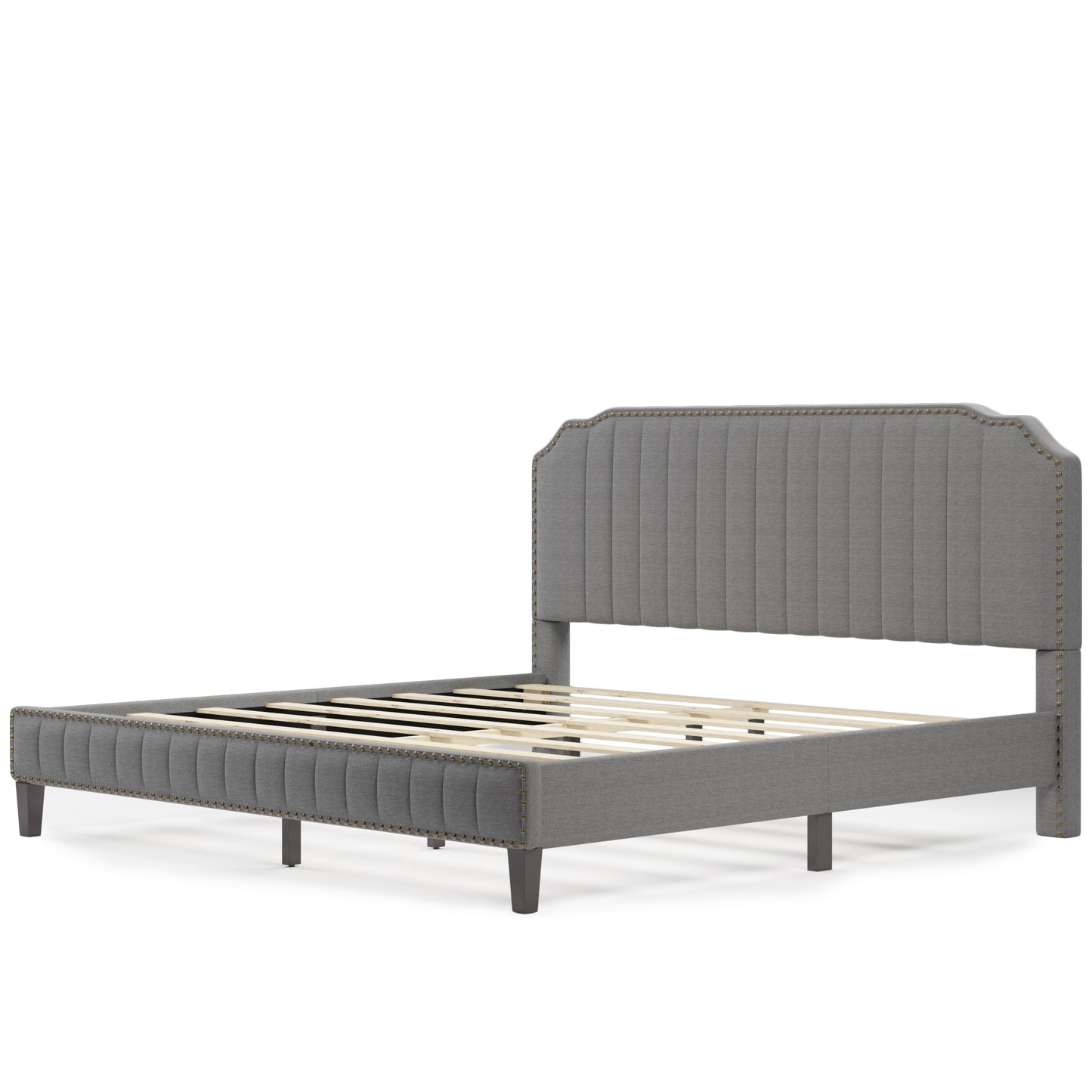 Modern Linen Curved Upholstered Platform Bed , Solid Wood Frame , Nailhead Trim (King)