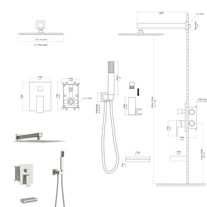 12" Rain Shower Head Systems with Waterfall Tub Spout, Brushed Nickel,Wall Mounted shower