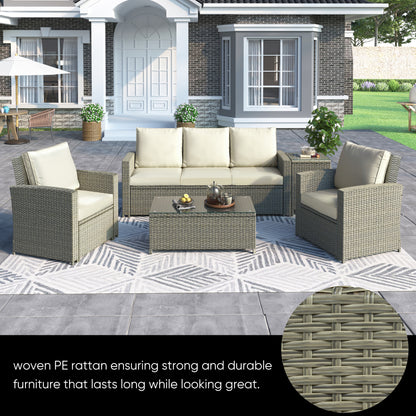 U_Style 5 Piece Rattan Sectional Seating Group with Cushions and table, Patio Furniture Sets, Outdoor Wicker Sectional