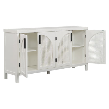 TREXM Large Storage Space Sideboard with Artificial Rattan Door and metal handles for Living Room and Entryway (White)