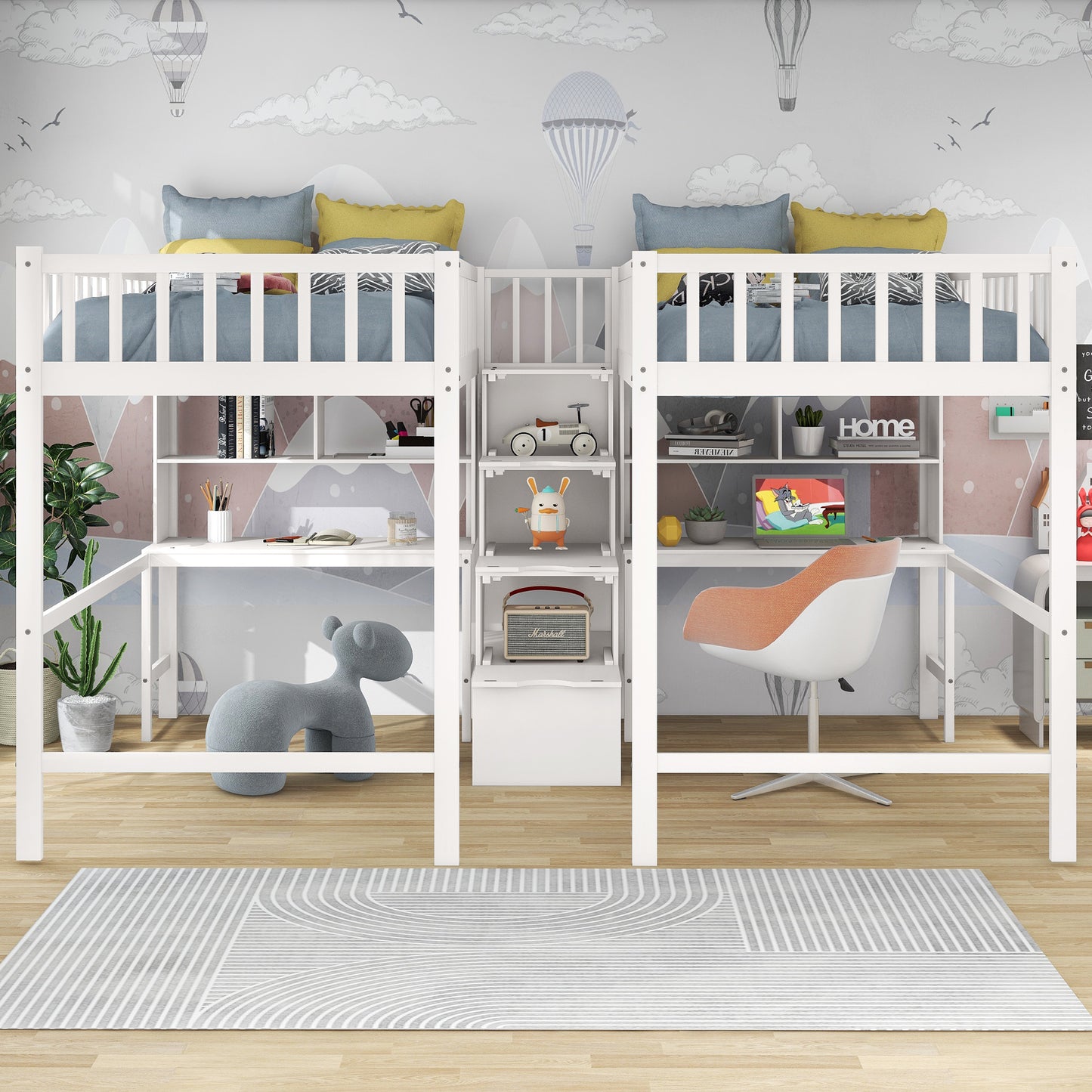 Twin & Twin Size Loft Bed with 2 Built-in Desks and Shelves, Storage Staircase, White