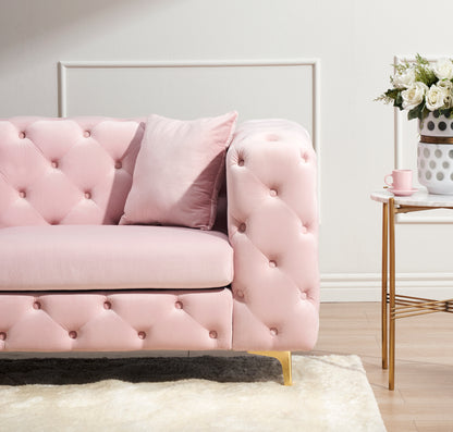 New design comfortable pink loveseat with two throw pillows in the same color