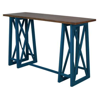 TOPMAX Rustic Counter Height 5-Piece Dining Set, Wood Console Table Set with 4 Stools for Small Places,Walnut+Blue