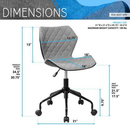 Techni Mobili Deluxe Modern Office Armless Task Chair, Grey