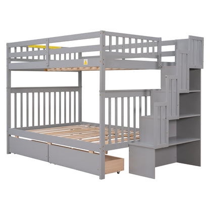 Full Over Full Bunk Bed with 2 Drawers and Staircases, Convertible into 2 Beds, the Bunk Bed with Staircase and Safety Rails for Kids, Teens, Adults, Grey