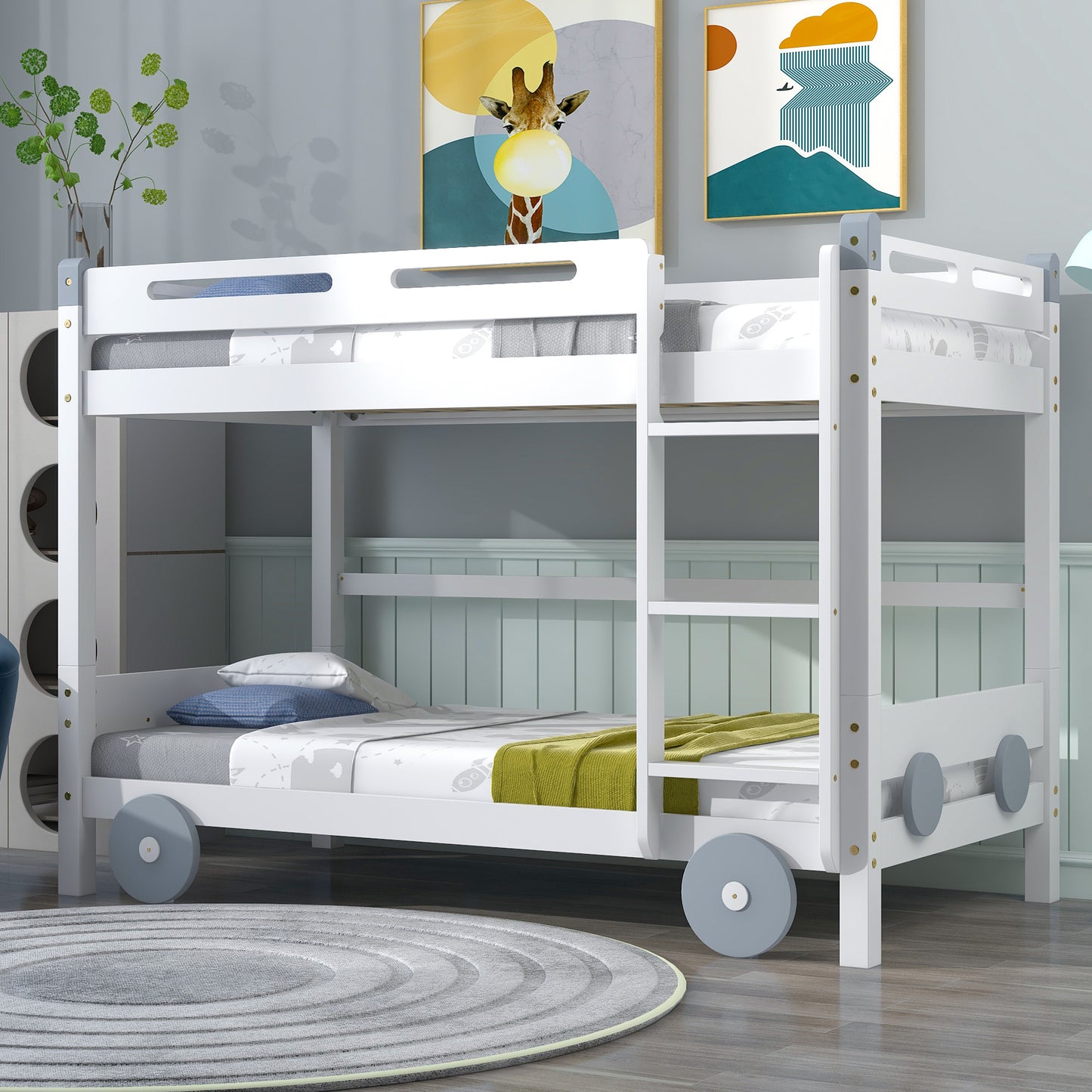 Twin Size Car-Shaped Convertible Bunk Bed, White