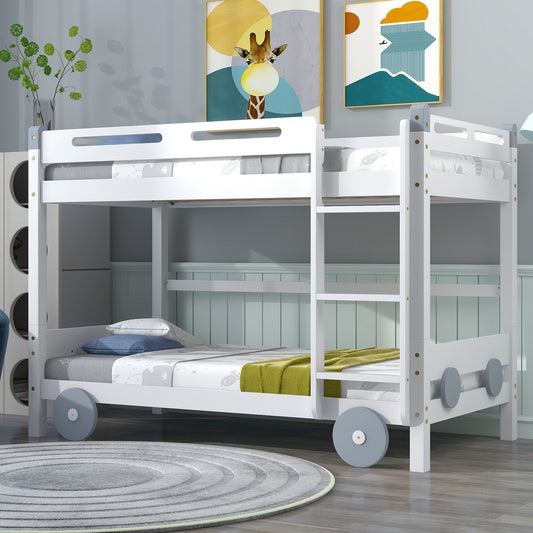 Twin Size Car-Shaped Convertible Bunk Bed, White