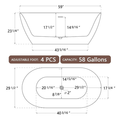 59" Acrylic Free Standing Tub - Classic Oval Shape Soaking Tub, Adjustable Freestanding Bathtub with Integrated Slotted Overflow and Chrome Pop-up Drain Anti-clogging Gloss White