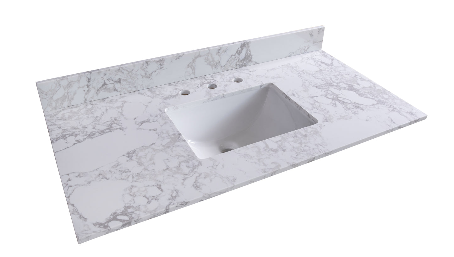 Montary 43‘’x22" bathroom stone vanity top  engineered stone carrara white marble color with rectangle undermount ceramic sink and  3 faucet hole with back splash .