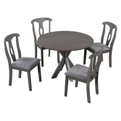 TOPMAX Rustic Farmhouse 5-Piece Wood Round Dining Table Set for 4, Kitchen Furniture with Drop Leaf and 4 Padded Dining Chairs for Small Places, Grey