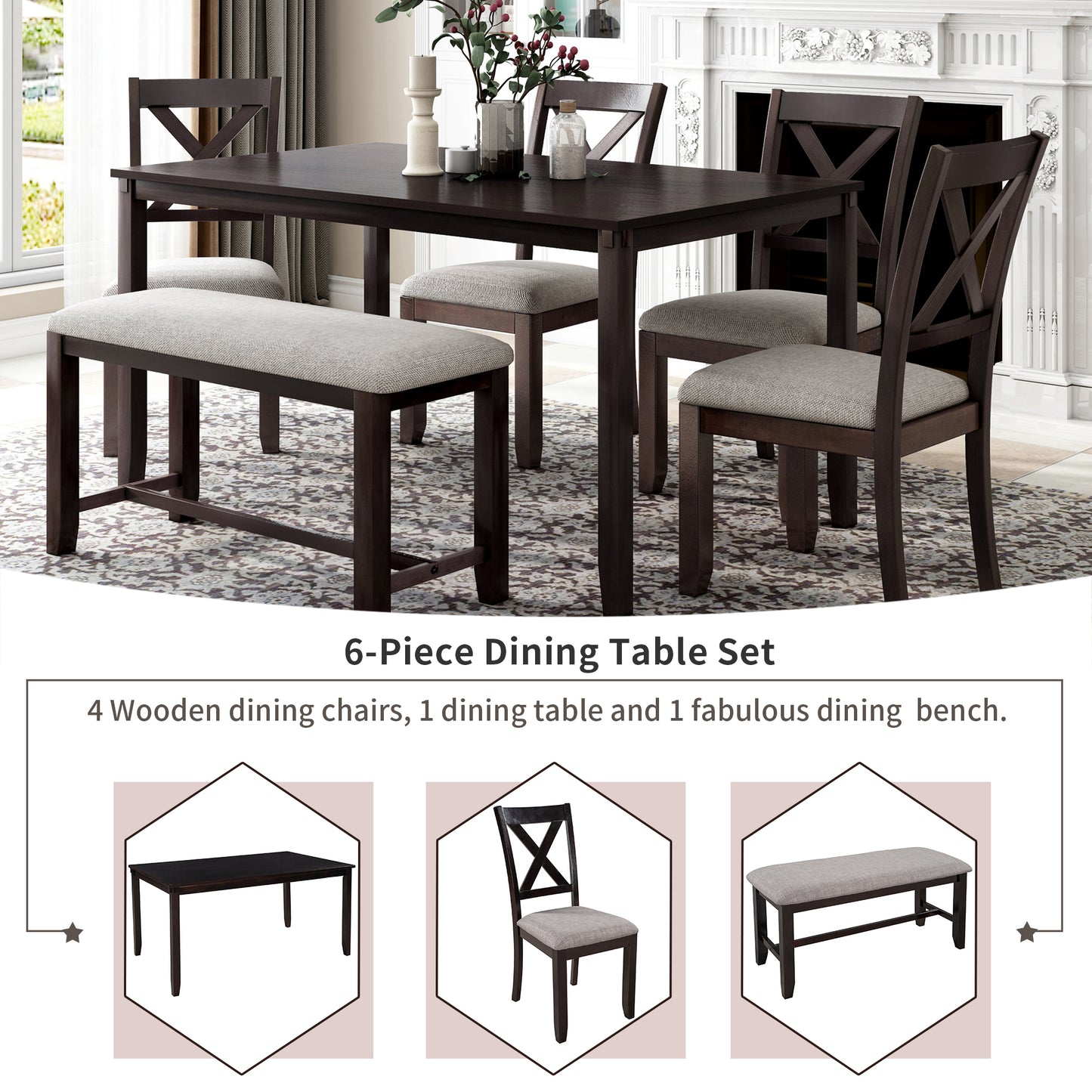 TREXM 6-Piece Kitchen Dining Table Set Wooden Rectangular Dining Table, 4 Fabric Chairs and Bench Family Furniture (Espresso)