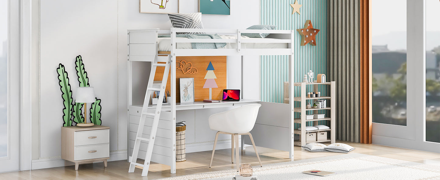 Twin size Loft Bed with Desk and Writing Board, Wooden Loft Bed with Desk - White