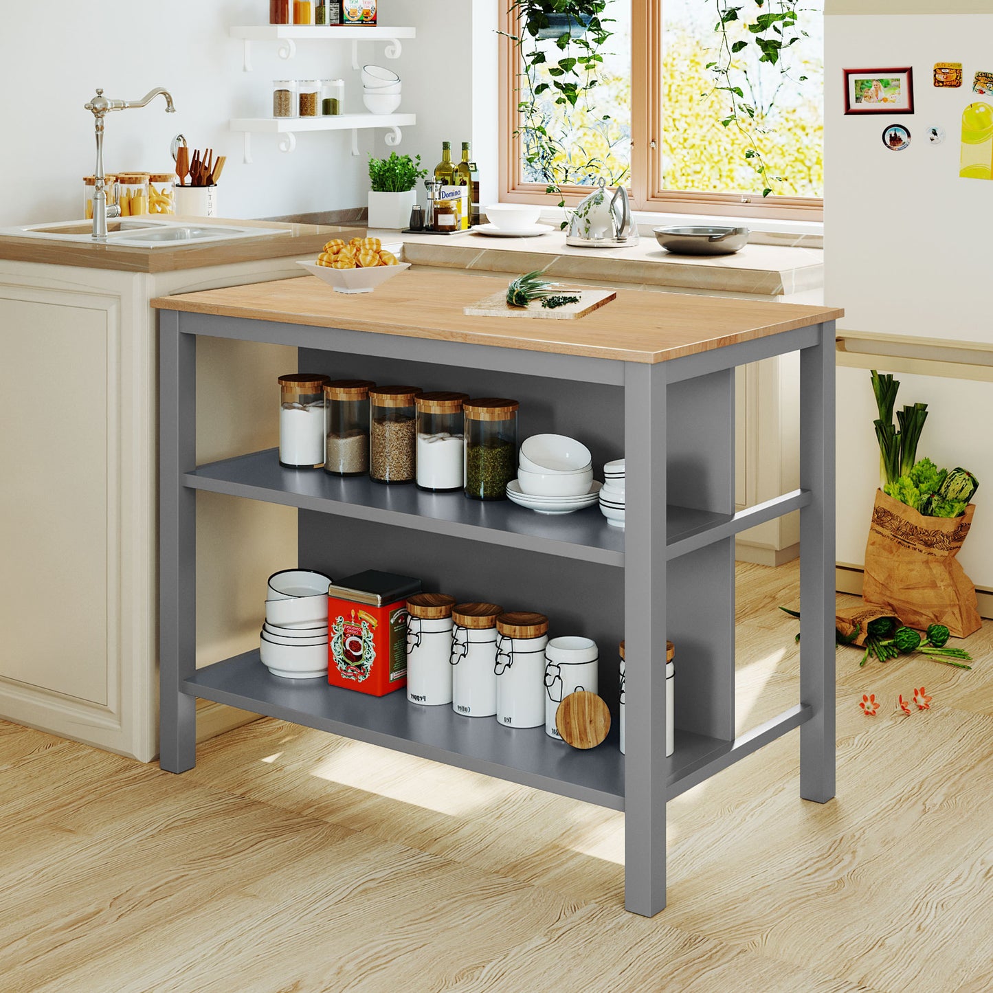 TOPMAX Solid Wood Rustic 3-piece 45" Stationary Kitchen Island Set with 2 Seatings, Rubber Wood Butcher Block Dining Table Set Prep Table Set with 2 Open Shelves for Small Places，Natural+Gray