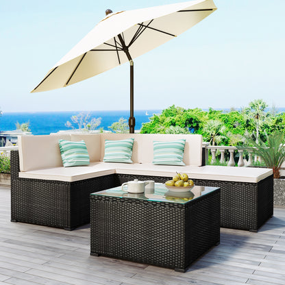 GO 5-Piece Patio Rattan PE Wicker Furniture Corner Sofa Set, with 2 Sofa chairs, 1 Corner chair, 1 ottoman and 1 glass coffee table, Sectional Sofa Chair, Seating, Lying(Black Wicker, Beige Cushion)