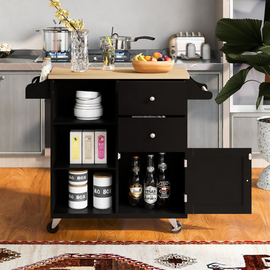 K&K Store Kitchen Cart on 4 Wheels with 2 Drawers and 3 Open Shelves, Kitchen Island with Rubber Wood top for Dinning Room, Black