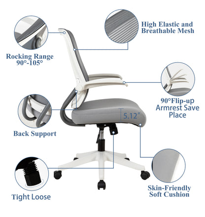 Mid-mesh task chair with flip up arms and tilt function MAX 105 °，300LBS，Grey with white frame