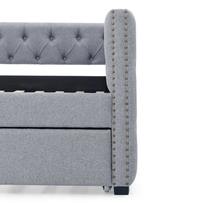 Daybed with Trundle Upholstered Tufted Sofa Bed, with Button and Copper Nail on Square Arms，Full Daybed & Twin Trundle, Grey（85“x57”x31.5“）