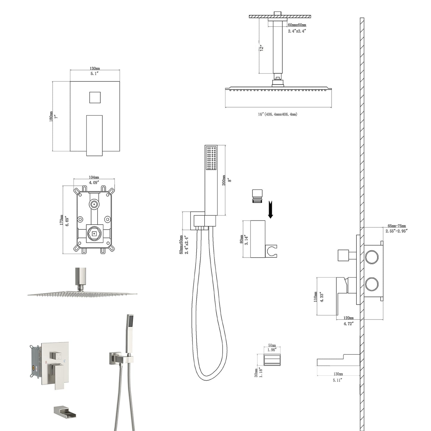 16" Rain Shower Head Systems with Waterfall Tub Spout ,Brushed Nickel,Ceiling Mounted shower