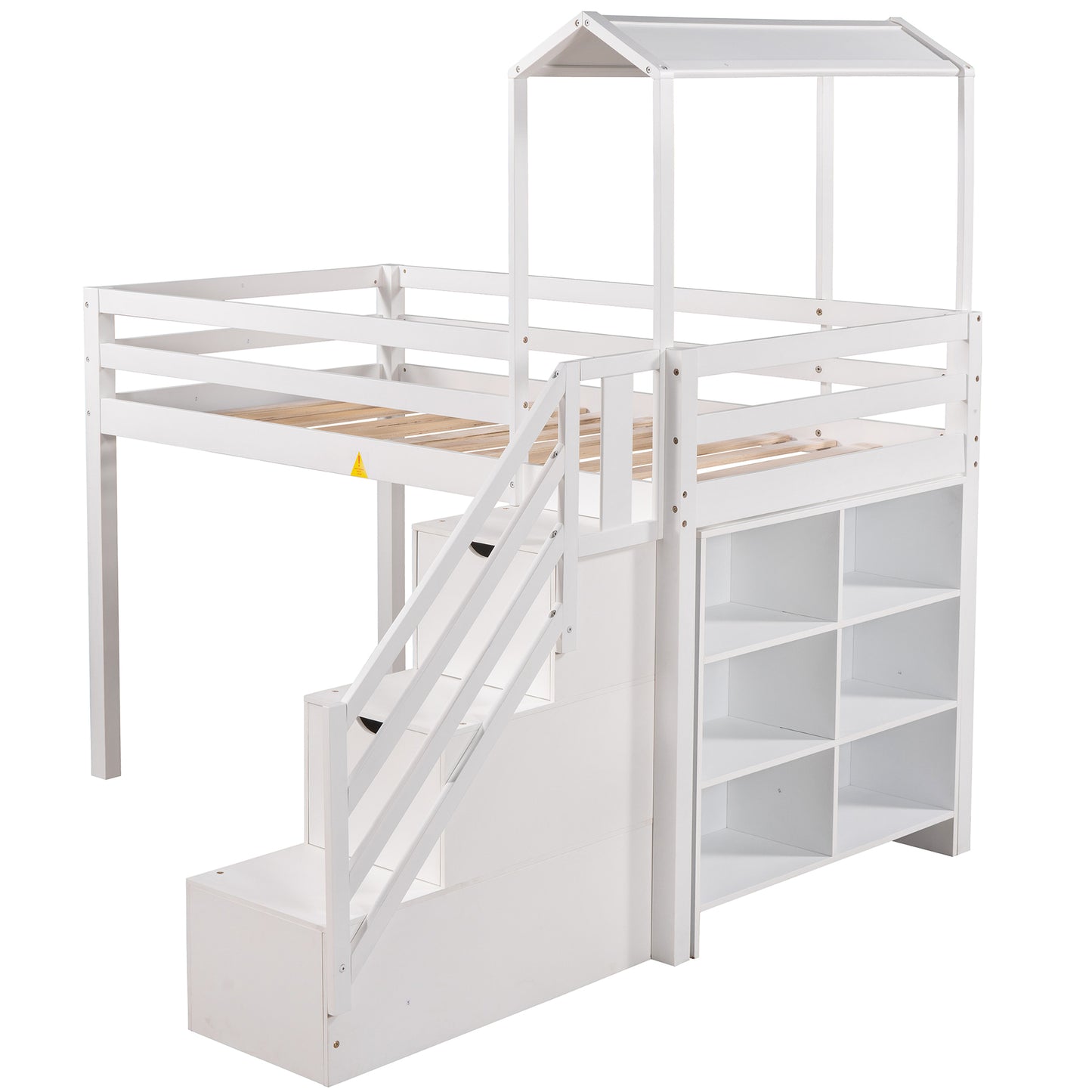 Twin over Full House Roof Bunk Bed with Staircase and Shelves, White