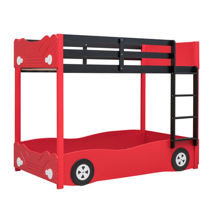 Twin Size Car-Shaped Bunk Bed with Wheels, Red