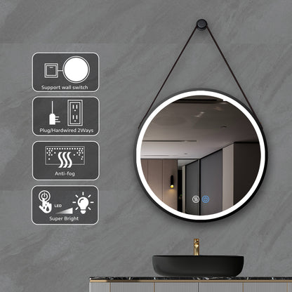 24 Inch Black Round Frame with Lamp Hanging Bathroom Mirror