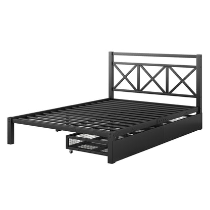 Metal Platform Bed with 2 Drawers, Full (Black)