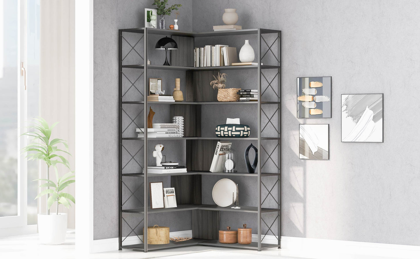 Silver+Grey 7-Tier Bookcase Home Office Bookshelf,  L-Shaped Corner Bookcase with Metal Frame, Industrial Style Shelf with Open Storage, MDF Board