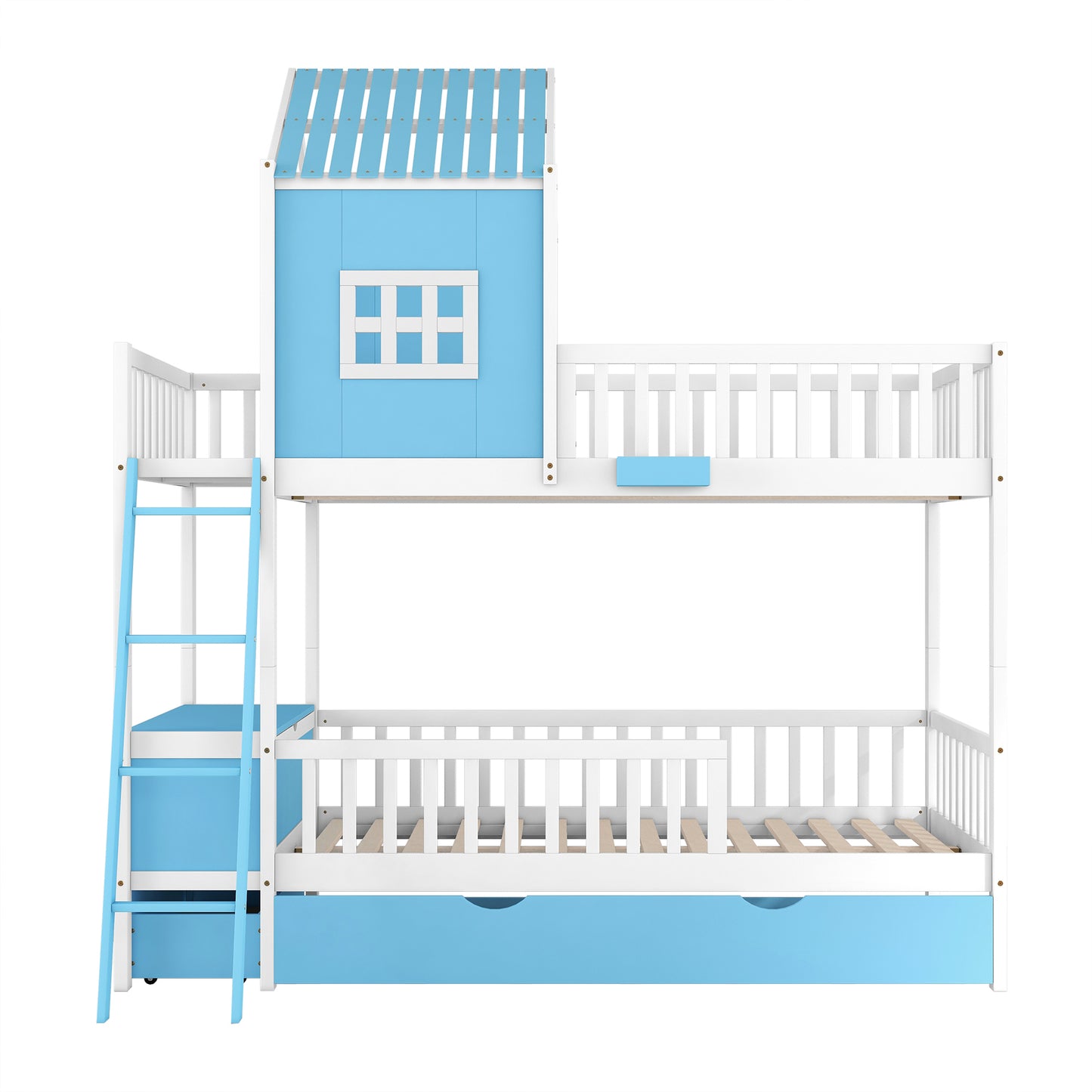 Twin over Twin Bunk Bed with Twin Size Trundle , Farmhouse Bed with Storage Box and Drawer - Blue