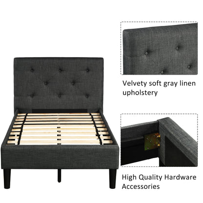 Upholstered Button Tufted Platform Bed with Strong Wood Slat Support (Twin, Gray)