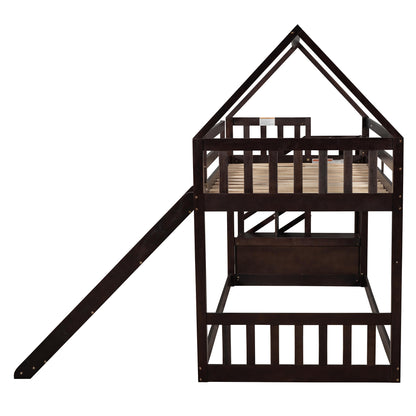 Twin over Twin House Bunk Bed with Slide and Storage Staircase,Espresso