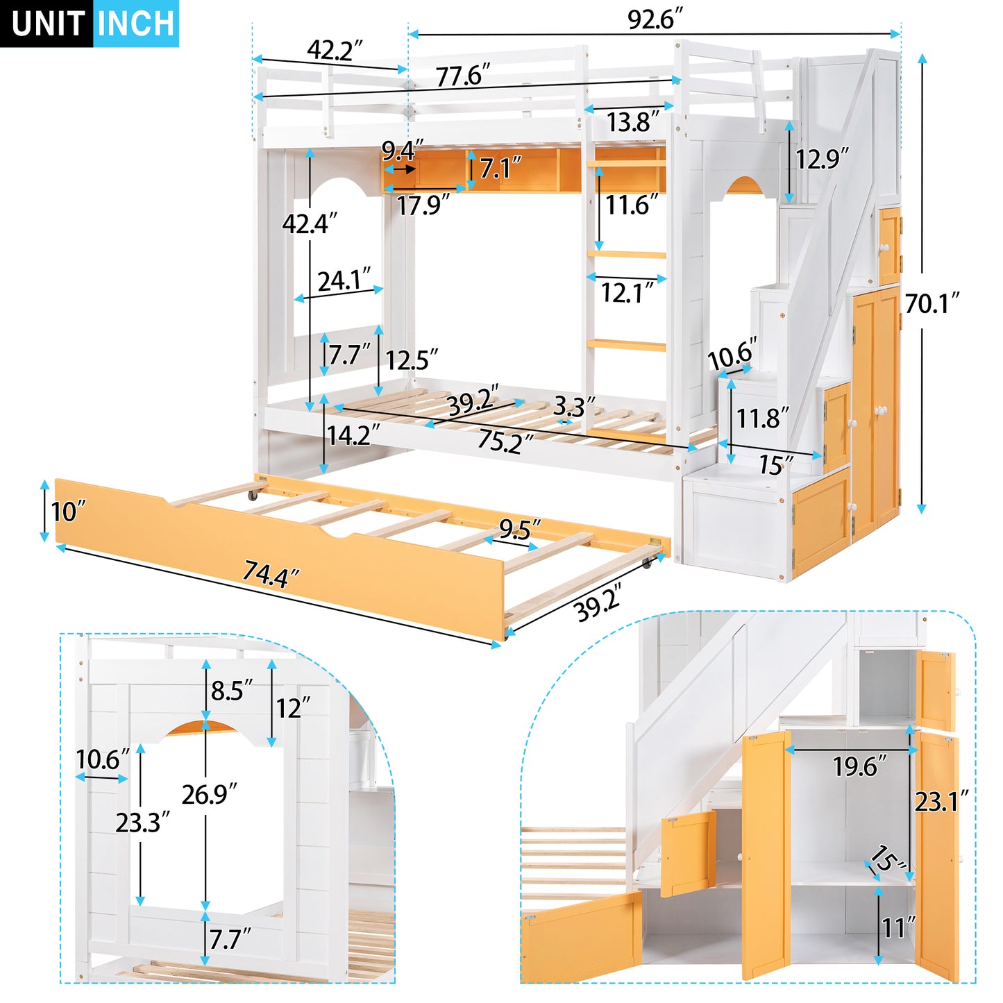 Twin Over Twin Bunk Bed with Trundle ,Stairs,Ladders Solid Wood Bunk bed with Storage Cabinet （White + Yellow）