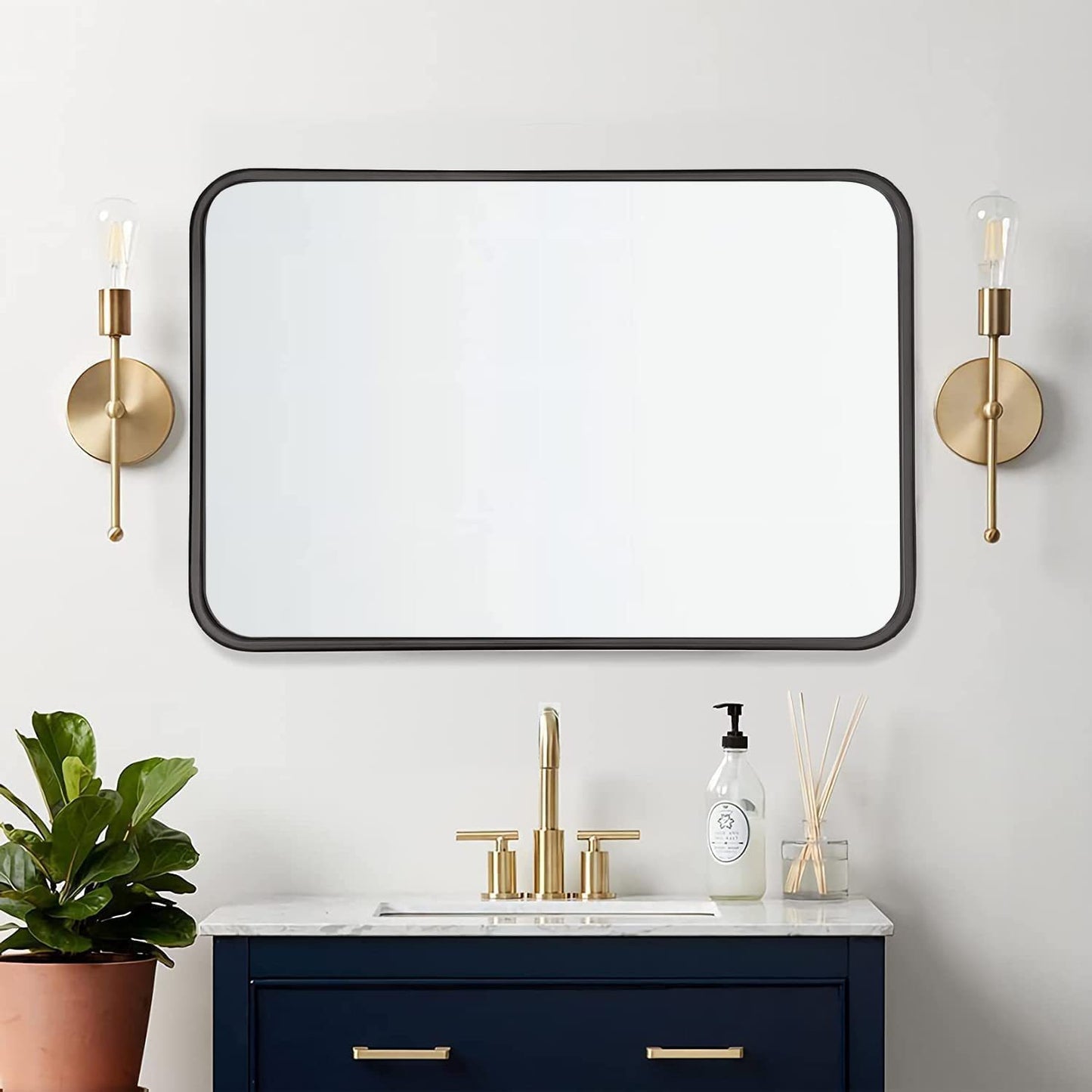 Wall Mount Mirror for Bathroom, Brush Black Metal Framed Rounded Corner Rectangular Vanity Mirror (24" x 36", Black)