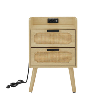 JHX Rattan nightstand with socket side table natural handmade rattan（2PC,Natural ,15.55’’W*13.78’’D*23.82’’H）