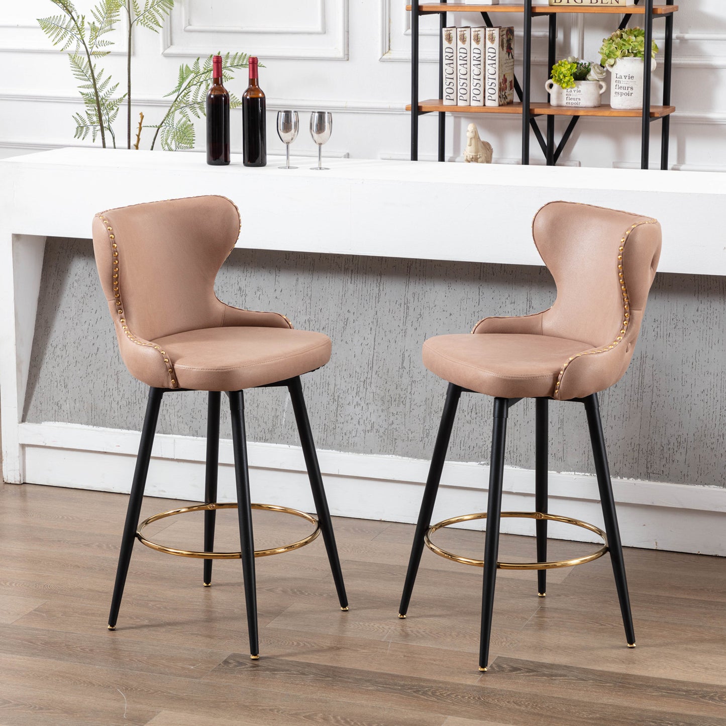 A&A Furniture,29" Modern Leathaire Fabric bar chairs,180° Swivel Bar Stool Chair for Kitchen,Tufted Gold Nailhead Trim Gold Decoration Bar Stools with Metal Legs,Set of 2 (Khaki)