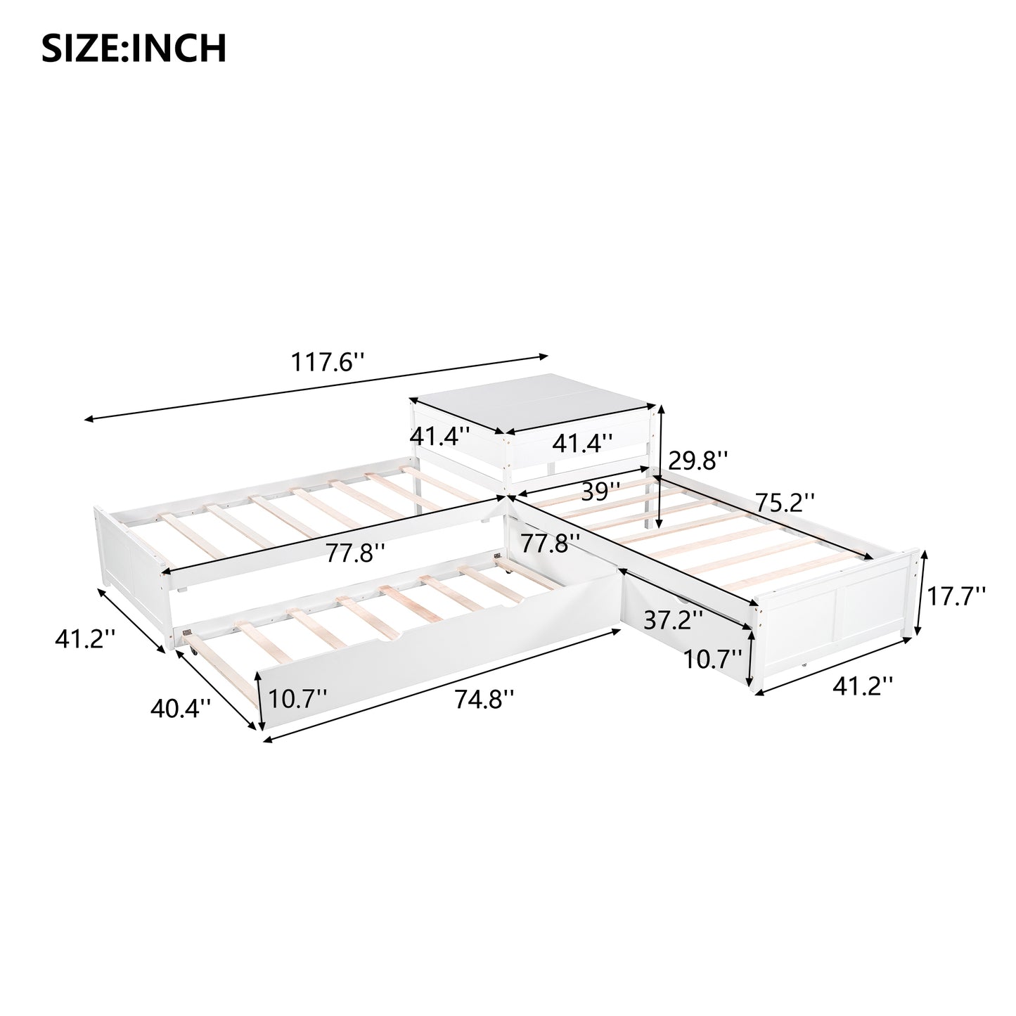 L-shaped Platform Bed with Trundle and Drawers Linked with built-in Desk,Twin,White