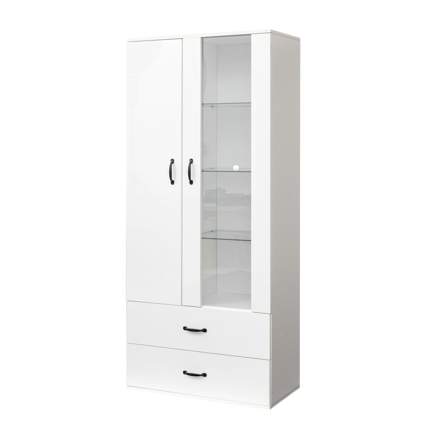 Side cabinet with shelving, drawers, and white side cabinet for clothing