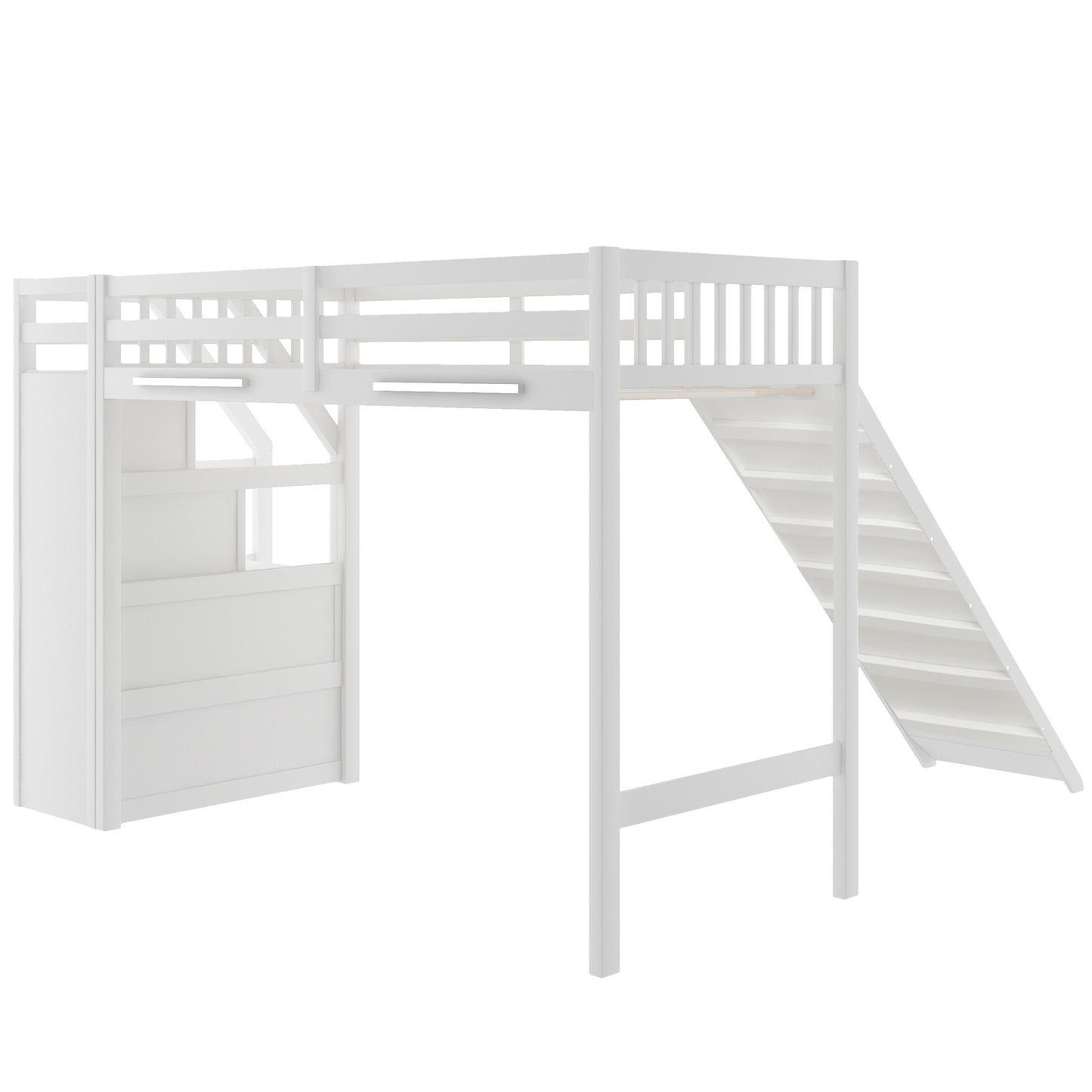 Twin Size Loft Bed with Storage and Slide, White