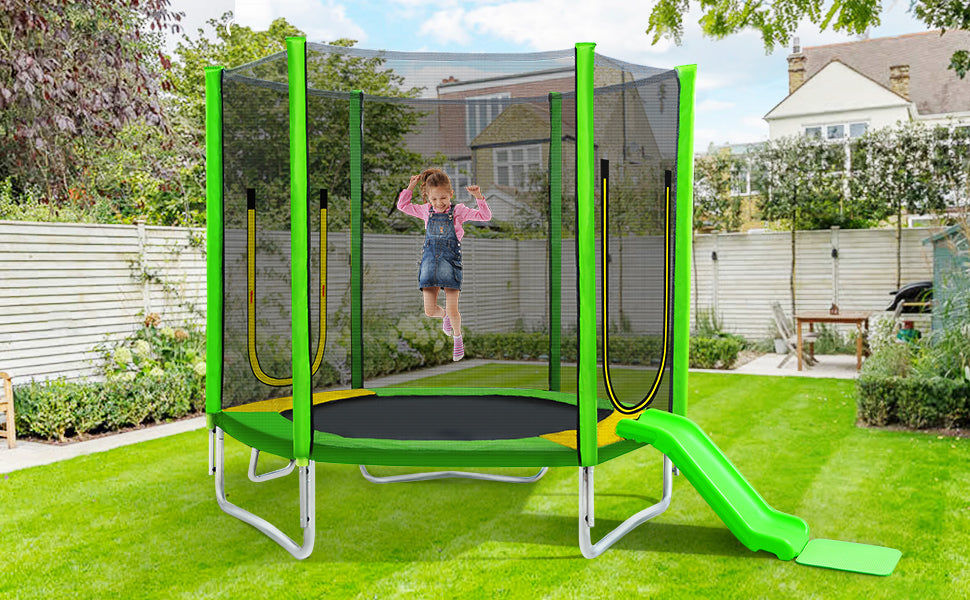 7FT Trampoline for Kids with Safety Enclosure Net, Slide and Ladder, Easy Assembly Round Outdoor Recreational Trampoline