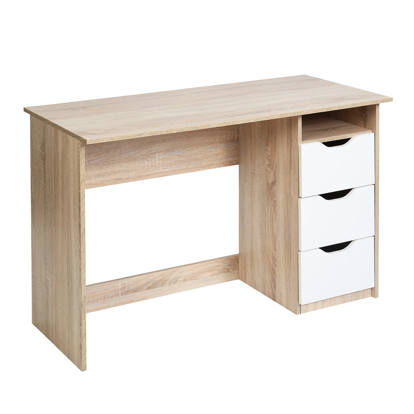 43.3”Wood Corner Writing Table with Shelf 3 Drawers Storage, Oak & White