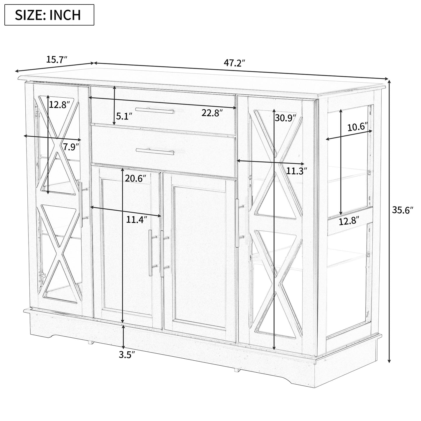 TREXM Stylish Functional Sideboard with Tempered Glass Large Storage Space Adjustable shelves Buffet (White)