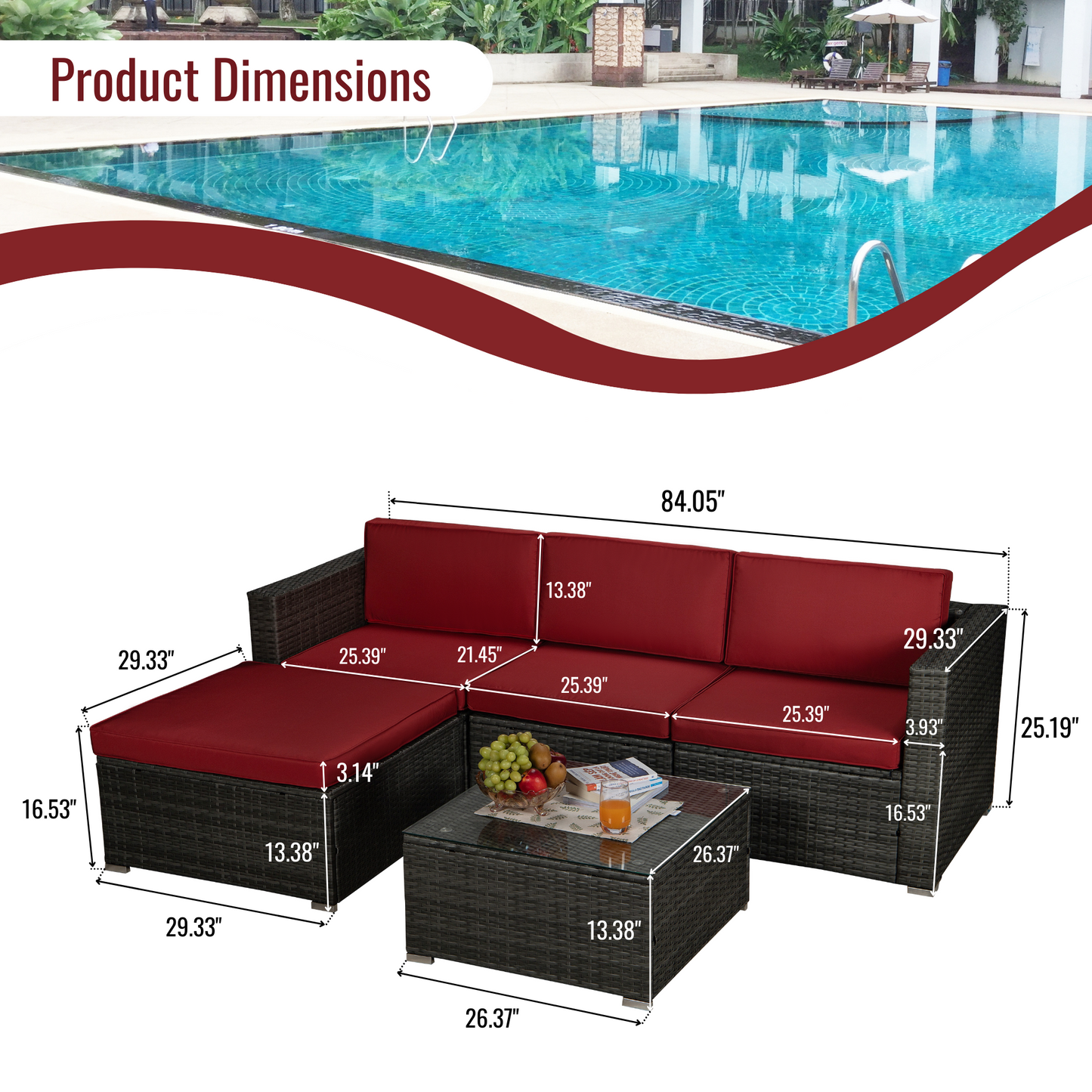 Outdoor Garden Patio Furniture 5-Piece Gray PE Rattan Wicker Sectional Red Cushioned Sofa Sets