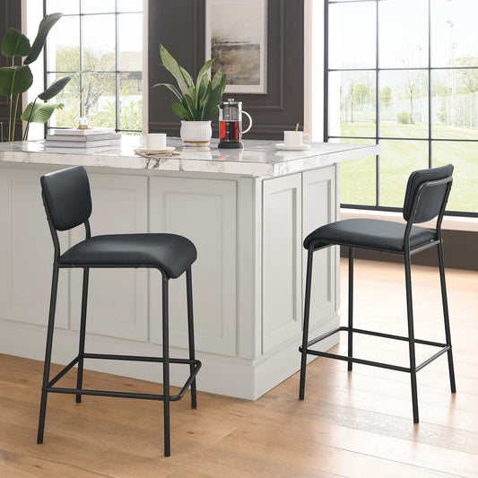 Pu Faux Leather Counter Stools Set of 2, Pub Counter Stool with Back and Footrest, Black (17.5"x19.25“x34.5”）