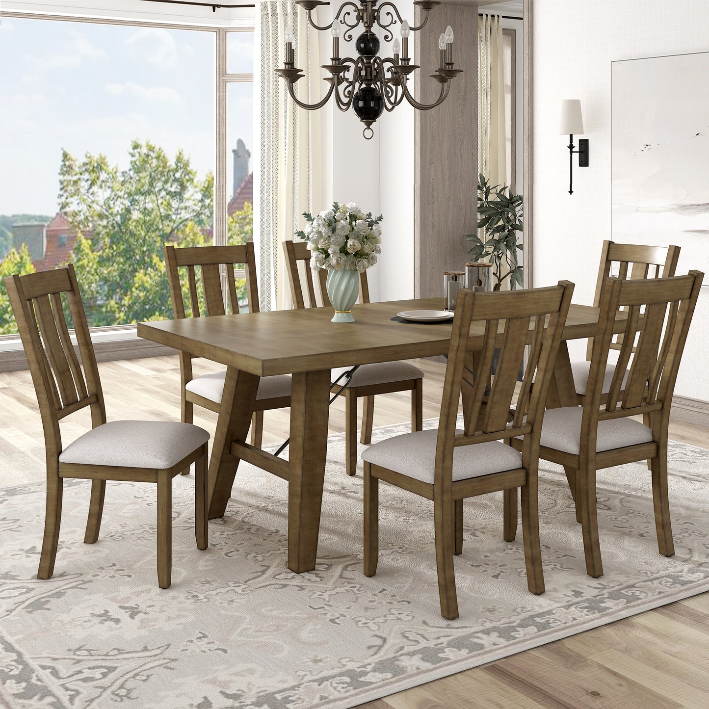 TREXM 7-Piece Dining Room Set - 72" Industrial Style Rectangular Table with Chain Bracket and 6 Dining Chairs (Natural Walnut)