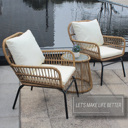 3PCS Outdoor Patio Balcony Natural Color Wicker Chair Set with Beige Cushion and Round Tempered Glass Table(New)