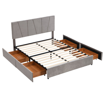 Queen Size Upholstery Platform Bed with Four Drawers on Two Sides,Adjustable Headboard,Grey