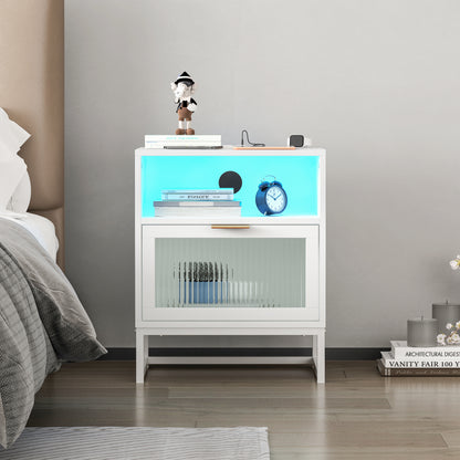 Nightstand with  LED Lights / Drawer, White Bedside Table for Bedroom